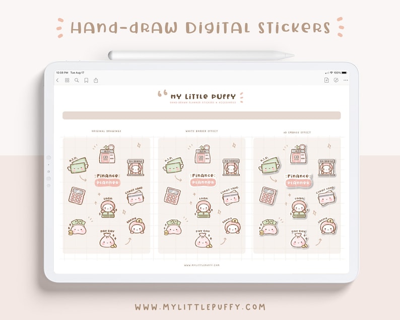 May include: A digital sticker sheet with illustrations of a piggy bank, money, a calculator, and a cash register. The stickers are designed for use in a finance planner. The text on the stickers reads "Finance Planner".