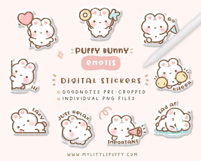 K&ouml;nnte beinhalten: Ein Set digitaler Sticker mit niedlichen Comic-Kaninchen mit verschiedenen Ausdr&uuml;cken und Text. Die Sticker sind f&uuml;r die Verwendung in digitalen Planern und Notizen gedacht. Der Text auf den Stickern lautet "Go", "Hi", "Lazy", "Just Relax", "Important", "Cheer" und "Sad Af".