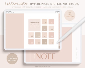 Op de afbeelding: Een digitale notitieboek-app op een tabletscherm met een kalender en notitiepagina's. De kalender heeft een lichtroze achtergrond met beige vierkanten die van 1 tot en met 12 zijn genummerd. De notitiepagina heeft een lichtroze achtergrond met het woord "NOTE" in een bruin serif-lettertype. De tekst "Ultimate Hyperlinked Digital Notebook" staat bovenaan het scherm. De tekst "77 Templates Included" staat linksonder op het scherm. De tekst "195 Free Stickers" staat rechtsboven op het scherm.