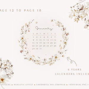 Może przedstawiać: Cyfrowy planer z wzorem kwiatowej wianki. Planer zawiera kalendarz na styczeń z tekstem "PAGE 12 TO PAGE 18" i "6 YEARS CALENDARS INCLUDED".