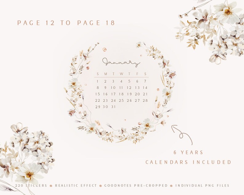 Może przedstawiać: Cyfrowy planer z wzorem kwiatowej wianki. Planer zawiera kalendarz na styczeń z tekstem "PAGE 12 TO PAGE 18" i "6 YEARS CALENDARS INCLUDED".