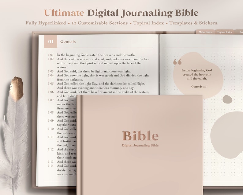 Może przedstawiać: Cyfrowa Biblia do prowadzenia dziennika z r&oacute;żową okładką i tekstem "Biblia Dziennik Cyfrowy" na przodzie. Okładka ma wz&oacute;r w kropki i cytat z Księgi Rodzaju 1:1 w kolorze brzoskwiniowym.