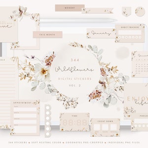 Floral Digital Stickers/ Floral Digital Planner Stickers/ Floral Digital Planner Widgets/ Pink Digital Sticker Book/ Goodnotes Stickers Kit