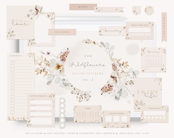 Floral Digital Stickers/ Floral Digital Planner Stickers/ Floral Digital Planner Widgets/ Pink Digital Sticker Book/ Goodnotes Stickers Kit