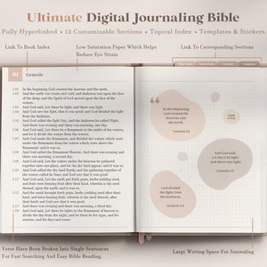 Może przedstawiać: Cyfrowa Biblia do prowadzenia dziennika z r&oacute;żową i beżową okładką. Okładka zawiera tekst "Ultimate Digital Journaling Bible" i "Fully Hyperlinked - 12 Customizable Sections - Topical Index - Templates & Stickers". Wewnętrzne strony mają jasnobeżowe tło z kropkowanym wzorem i tekst "Genesis 1:1 - Na początku B&oacute;g stworzył niebo i ziemię." oraz "Verse Have Been Broken Into Single Sentences For Fast Searching And Easy Bible Reading."