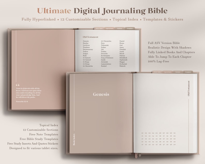 Może przedstawiać: Cyfrowa Biblia z beżową okładką i realistycznym designem. Okładka zawiera tekst "Ultimate Digital Journaling Bible" i "Full ASV Version Bible". Biblia jest w pełni hiperłączona, zawiera 12 konfigurowalnych sekcji, indeks tematyczny, szablony i naklejki.