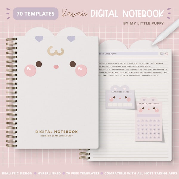 Cute Bunny Digital Notebook/ Hyperlinked Digital Notebook/ 12 Sections Digital Notebook/ Kawaii Digital Notebook/ Pink Notebook Digital Cute