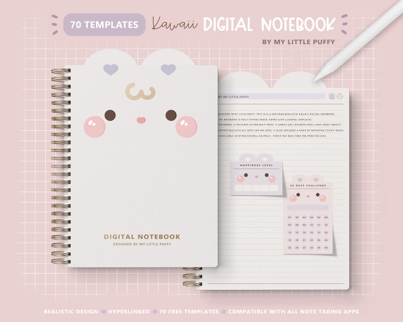 Cute Bunny Digital Notebook/ Hyperlinked Digital Notebook/ 12 Sections Digital Notebook/ Kawaii Digital Notebook/ Pink Notebook Digital Cute zdjęcie 1