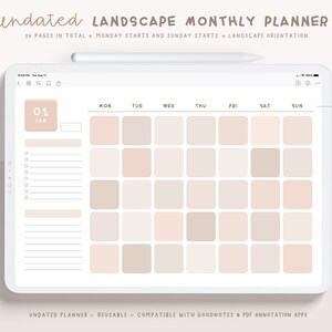 May include: A digital planner template for a monthly calendar. The template is designed for use with digital note-taking apps like Goodnotes and PDF annotation apps. The calendar is undated and has a landscape orientation. The calendar has a beige and white color scheme.