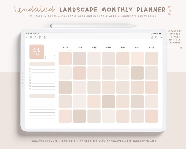 May include: A digital planner template for a monthly calendar. The template is designed for use with digital note-taking apps like Goodnotes and PDF annotation apps. The calendar is undated and has a landscape orientation. The calendar has a beige and white color scheme.