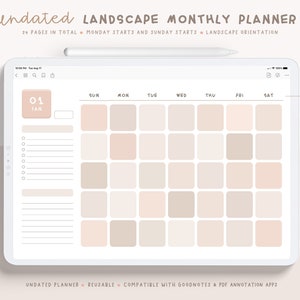 May include: A digital planner template for a monthly calendar. The template is undated and has a landscape orientation. The calendar is designed for use with Goodnotes and PDF annotation apps. The calendar has a beige and white color scheme.