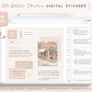 Peut inclure: Une page de planificateur numérique avec un thème rose et blanc. La page présente un calendrier avec des dates et des jours de la semaine, ainsi qu'une liste de tâches et une section pour les rendez-vous. Le texte "365 Date Cover Digital Stickers" est en haut de la page.