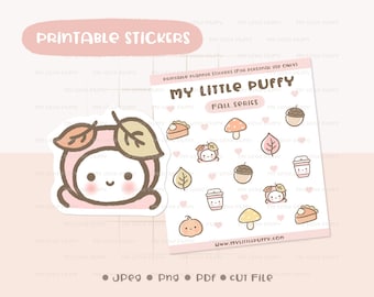 Può includere: Un foglio di adesivi stampabili a tema autunnale. Il foglio include varie illustrazioni come un fungo, una foglia, una zucca e un personaggio con un costume a forma di foglia. È visibile anche il testo "Printable Stickers" e "My Little Puffy".