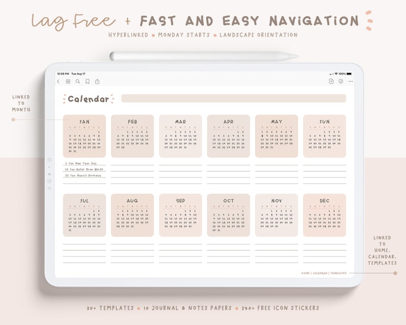 May include: A digital calendar template for iPad with a beige and white colour scheme. The calendar is divided into 12 monthly views, each with a different shade of beige. The template includes a title bar with the text "Calendar" and a note section below the calendar. The text "Lag Free + FAST AND EASY NAVIGATION" is at the top of the image.