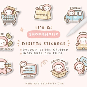 May include: A set of digital stickers featuring a cute cartoon character with a pink head and a white body. The character is shown in various shopping-related scenarios, such as holding shopping bags, pushing a shopping cart, and holding a box with the word "return" on it. The stickers are designed for use in digital planners and notes.