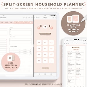 May include: A split-screen digital planner app on a tablet with a pink and brown color scheme. The app features a daily planner, a household planner, and a weekly chore chart. The app is compatible with phones and tablets. The text on the screen reads "SPLIT-SCREEN HOUSEHOLD PLANNER", "FULLY HYPERLINKED MONDAY AND SUNDAY START", "42 FREE TEMPLATES", "Daily Planner", "HOUSEHOLD PLANNER", "COMPATIBLE WITH PHONES & TABLETS", "FREE STICKERS & TEMPLATES", "FREE CALENDAR STICKERS INCLUDED", "WEEKLY CHORES", "DAY FRI 01", "DAY SAT 02", "DAY SUN 03", "DAY MON 04", "DAY TUE 05", "DAY WED 06", "DAY THU 07", "DAY FRI 08", "DAY SAT 09", "DAY SUN 10", "DAY MON 11", "DAY TUE 12".