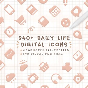 May include: A collection of 240+ daily life digital icons in a pink colour scheme. The icons are pre-cropped and available as individual PNG files. The text "Goodnotes Pre-Cropped Individual PNG Files" is also included in the image.