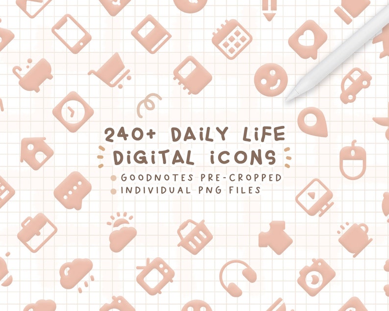 May include: A collection of 240+ daily life digital icons in a pink colour scheme. The icons are pre-cropped and available as individual PNG files. The text "Goodnotes Pre-Cropped Individual PNG Files" is also included in the image.