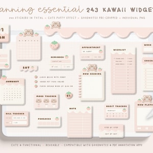Peut inclure: Un ensemble de 243 autocollants numériques pour planificateur sur le thème kawaii de l'ours et de la fraise. Les autocollants sont pré-découpés pour une utilisation dans les applications Goodnotes et d'annotation PDF. Les autocollants comprennent une variété de designs, tels que des calendriers, des listes de contrôle, des suivis d'habitudes, et plus encore.