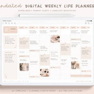 May include: A digital weekly life planner template with a peach background and a grid layout. The planner includes sections for goals, important tasks, design, workout, and free time. The template is undated and includes the text "Undated DIGITAL WEEKLY LIFE PLANNER" at the top.