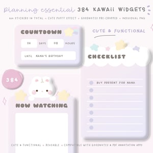 Puede incluir: Un conjunto de 384 widgets kawaii para las aplicaciones Goodnotes y de anotación PDF. Los widgets están en un esquema de color rosa pastel y morado y presentan un conejito lindo, estrellas y nubes. Los widgets incluyen un temporizador de cuenta regresiva, una lista de verificación y un marco "viendo ahora".