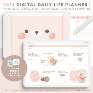 2024 Digital Planner/ Journal Cute Digital Planner/ Cute Daily Digital Planner link To Google Calendar/ Digital Planner Link Apple Calendar