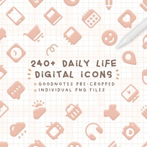 May include: A collection of 240+ daily life digital icons in a pink color scheme. The icons are pre-cropped and available as individual PNG files. The text "Goodnotes Pre-Cropped Individual PNG Files" is also included in the image.