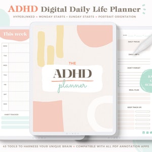 Planificador digital de TDAH / Planificador de TDAH para adultos / Planificador digital de TDAH / Diario de TDAH para adultos / Libro de trabajo digital de TDAH / Planificador digital de TDAH sin fecha