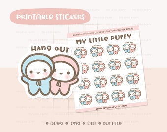May include: Printable planner stickers featuring two cartoon characters, a blue and a pink one, with the text "Hang Out". The stickers are designed in a cute, minimalist style and are perfect for adding a touch of fun to your planner.
