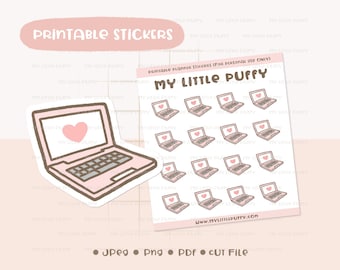May include: Printable planner stickers featuring a pink laptop with a heart on the screen. The sticker sheet includes 16 laptop stickers and the text "My Little Puffy" and "www.mylittlepuffy.com".