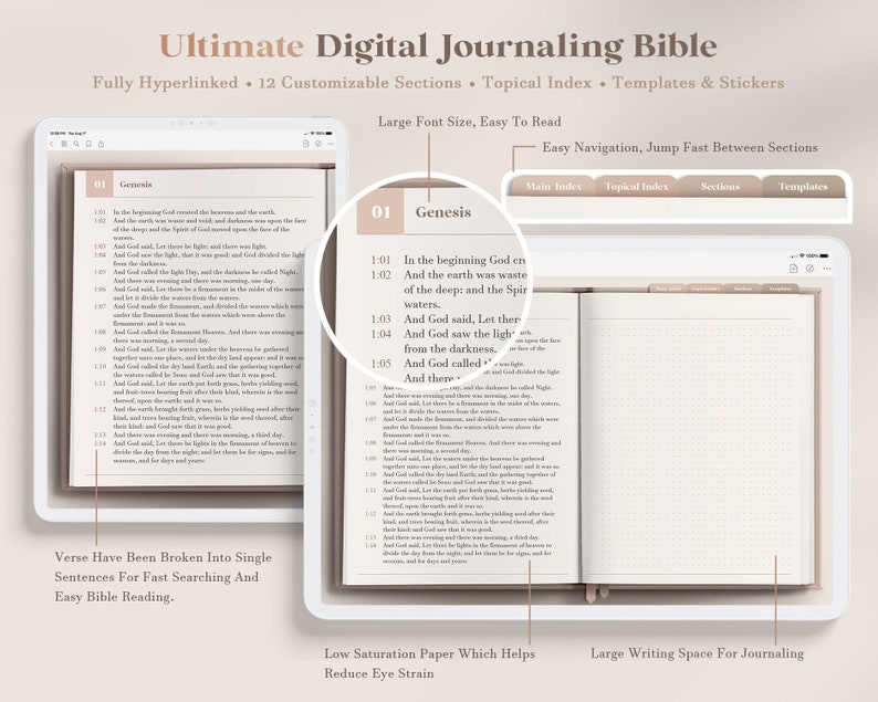 Może przedstawiać: Interfejs aplikacji cyfrowej Biblii z jasnobrązowym tłem. Aplikacja zawiera duży rozmiar czcionki, łatwą nawigację i indeks tematyczny. Aplikacja jest otwarta na Księgę Rodzaju, z wersetami podzielonymi na pojedyncze zdania, aby ułatwić czytanie. Aplikacja zawiera r&oacute;wnież dużą przestrzeń do pisania do prowadzenia dziennika.