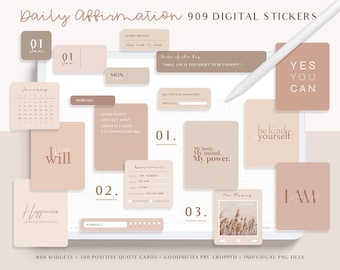 May include: A set of 909 digital stickers for use in a digital planner or notebook. The stickers are in a minimalist style with a peach and brown color scheme. The stickers include motivational quotes, calendar elements, and other organizational tools.