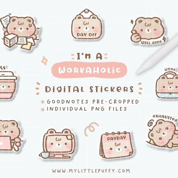 Work Planner Stickers/ Work Digital Planner Stickers/ Cute Bear Digital Stickers/ Workaholic Planner Stickers/ Cute Work Goodnotes Stickers