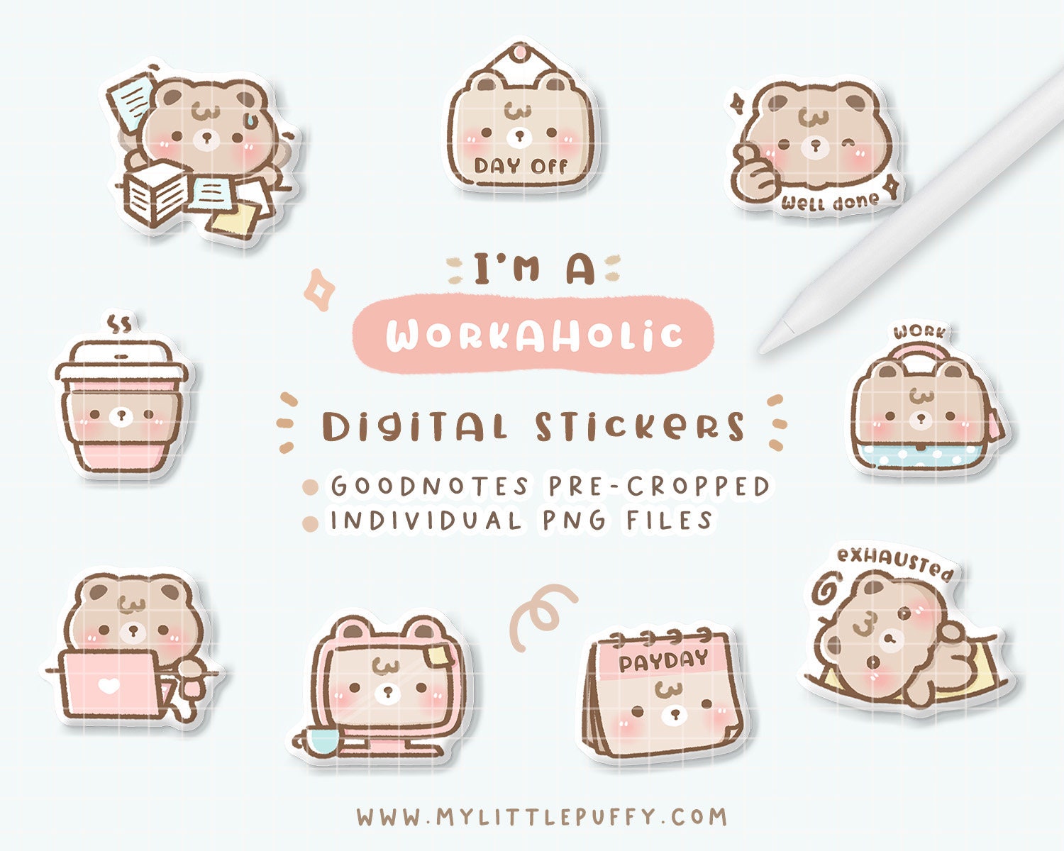 Work Planner Stickers/ Work Digital Planner Stickers/ Cute Bear Digital Stickers/ Workaholic Planner Stickers/ Cute Work Goodnotes Stickers