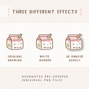 May include: Three different effects for a digital sticker of a pink milk carton with a straw and a cute face. The original drawing, a white border, and a 3D emboss effect are shown.