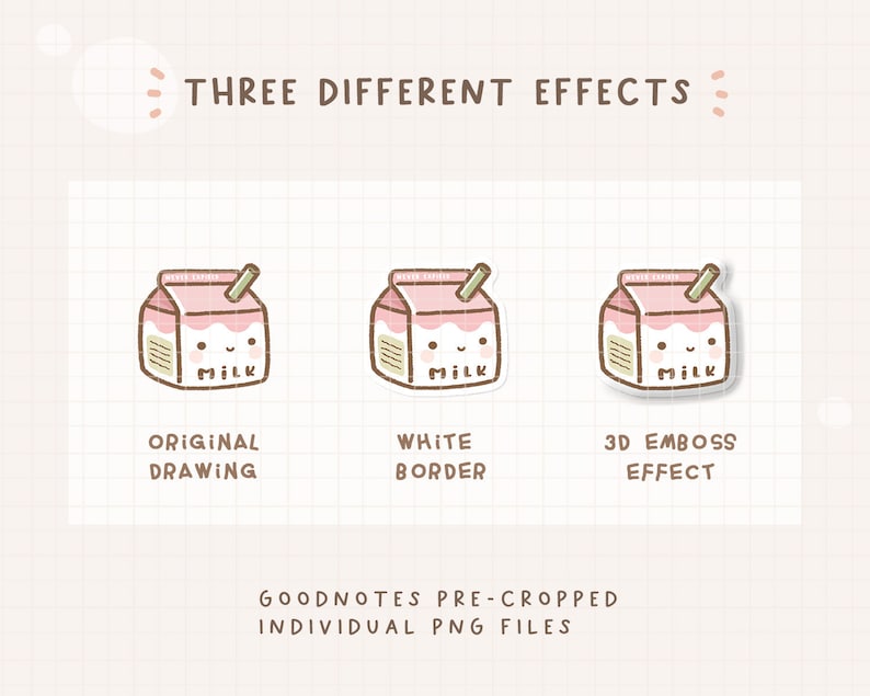 May include: Three different effects for a digital sticker of a pink milk carton with a straw and a cute face. The original drawing, a white border, and a 3D emboss effect are shown.