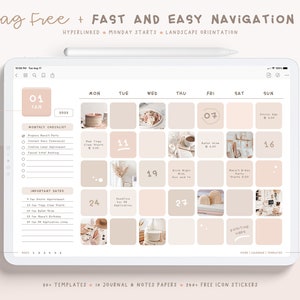 May include: A digital planner template for January 2023 with a beige and brown colour scheme. The template includes a monthly checklist, important dates, and a calendar grid with daily boxes for notes. The calendar is linked to home calendar templates and weekly templates.