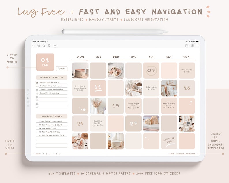 May include: A digital planner template for January 2023 with a beige and brown colour scheme. The template includes a monthly checklist, important dates, and a calendar grid with daily boxes for notes. The calendar is linked to home calendar templates and weekly templates.