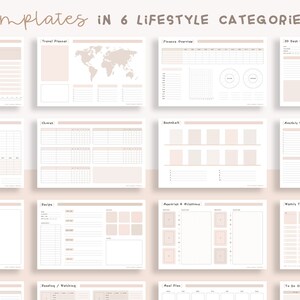 May include: A set of printable planner templates in six lifestyle categories: Travel Planner, Finance Overview, 30 Days Challenge, Chore, Recipe, and Monthly Schedule. The templates are designed with a light beige background and black text.