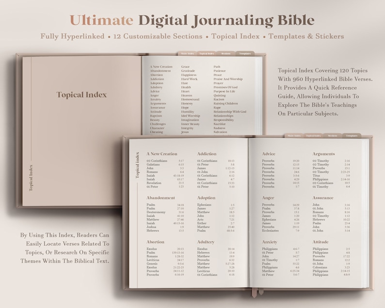 Może przedstawiać: Zbliżenie na beżową i brązową cyfrową Biblię do prowadzenia dziennika z indeksem tematycznym. Indeks zawiera takie tematy, jak "Nowe stworzenie", "Uzależnienie", "Porady" i "Argumenty". Tekst "Topical Index Covering 120 Topics With 960 Hyperlinked Bible Verses. It Provides A Quick Reference Guide, Allowing Individuals To Explore The Bible's Teachings On Particular Subjects." jest wydrukowany na prawej stronie.