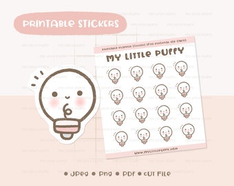 May include: Printable planner stickers featuring a light bulb with a cute face and a finger over its mouth. The stickers are in a sheet of 16, with a single sticker shown separately. The text "My Little Puffy" is on the sheet.