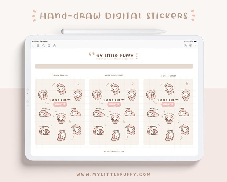 Puede incluir: Una hoja de pegatinas digitales con un esquema de color rosa y blanco que presenta un personaje de dibujos animados llamado "Little Puffy: Emojis". La hoja incluye 18 emojis diferentes, cada uno con una expresi&oacute;n &uacute;nica. Los emojis est&aacute;n dispuestos en tres columnas, con cada columna representando un estilo diferente: dibujo original, efecto de borde blanco y efecto de relieve 3D.