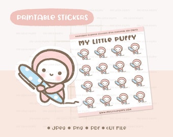 May include: Printable planner stickers featuring a pink character holding a blue pen with white polka dots. The stickers are designed with the text "My Little Puffy" and the website address "www.mylittlepuffy.com".