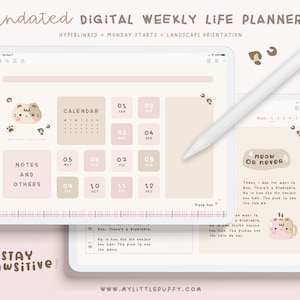 May include: A digital weekly life planner with a pink and brown color scheme. The planner features a calendar, notes section, and a motivational quote. The planner is designed with a cute cat illustration and the text "Meow or Never".