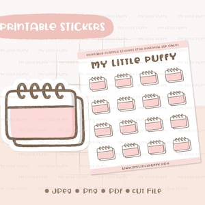 Puede incluir: Pegatinas de planificador imprimibles con un diseño de calendario rosa y marrón con el texto "MY LITTLE PUFFY" y la dirección del sitio web "www.mylittlepuffy.com".