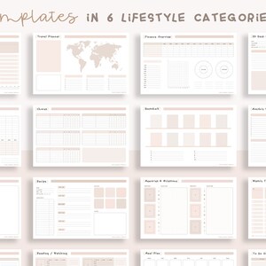 May include: A set of printable planner templates in six lifestyle categories: Travel Planner, Finance Overview, 30 Days Challenge, Chore, Recipe, and Meal Plan. The templates are designed with a minimalist aesthetic and feature a light beige background.