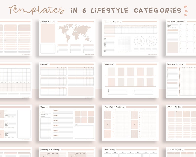 May include: A set of printable planner templates in six lifestyle categories: Travel Planner, Finance Overview, 30 Days Challenge, Chore, Recipe, and Meal Plan. The templates are designed with a minimalist aesthetic and feature a light beige background.