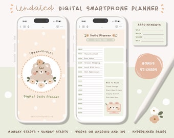 Può includere: Un'app di pianificatore giornaliero digitale per smartphone con una simpatica illustrazione di un orso dei cartoni animati. L'app include un pianificatore giornaliero, una sezione appuntamenti e adesivi bonus. L'app è disponibile per dispositivi Android e iOS.