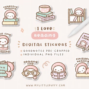 Adesivi carini per diario digitale di lettura per GoodNotes Planner/ Adesivi per planner digitale di lettura/ Adesivi digitali di lettura/ Rosa Kawaii/ PNG