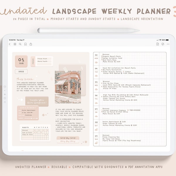 Undated Weekly Digital Planner/ Digital Life Planner/ 12 Month Weekly Digital Planner/ Digital Undated Planner/ Digital Planner Templates